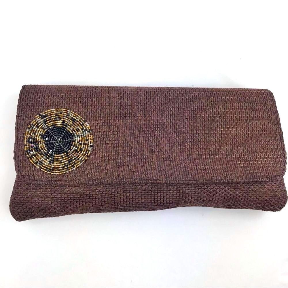 Boutique Brown Burlap and Bead Medallion Summer Envelope Clutch Bag NWOT